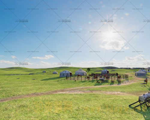 草原模型 草原蒙古包 草原牧场 马群 马圈